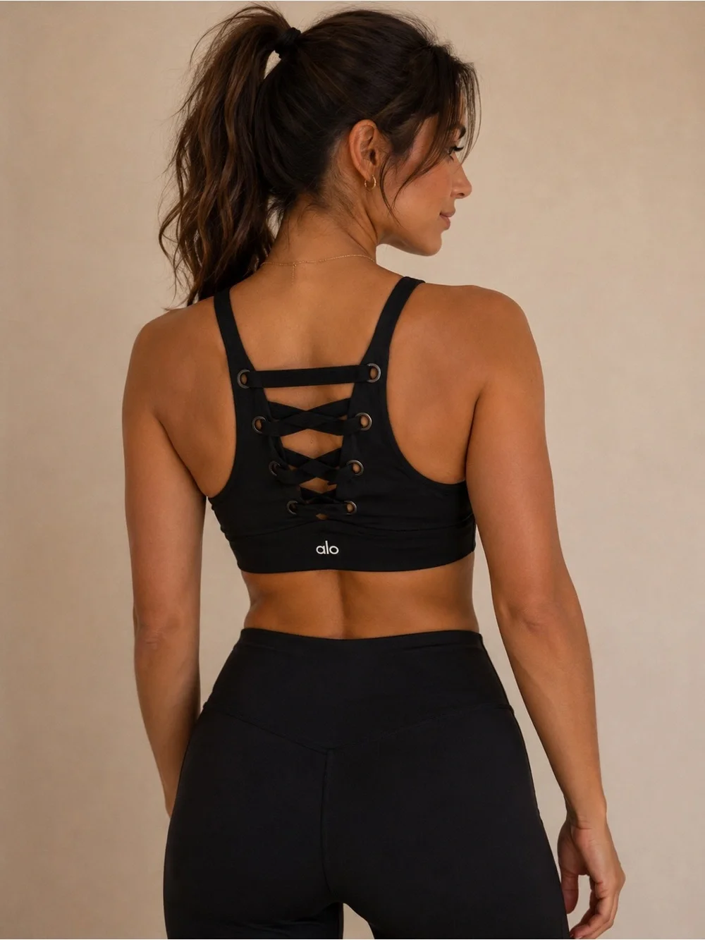 Alo Yoga Black Lace-Up Sports Bra Crop Top Athleisure Activewear